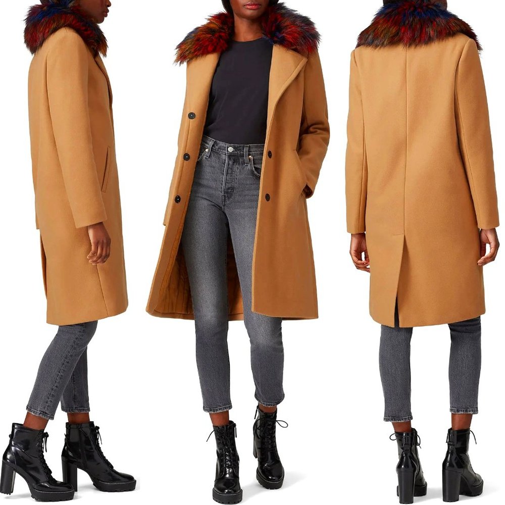 💥SHOWSTOPPER💥John + Jenn Griffin Camel Coat with Multi Color Fur Collar